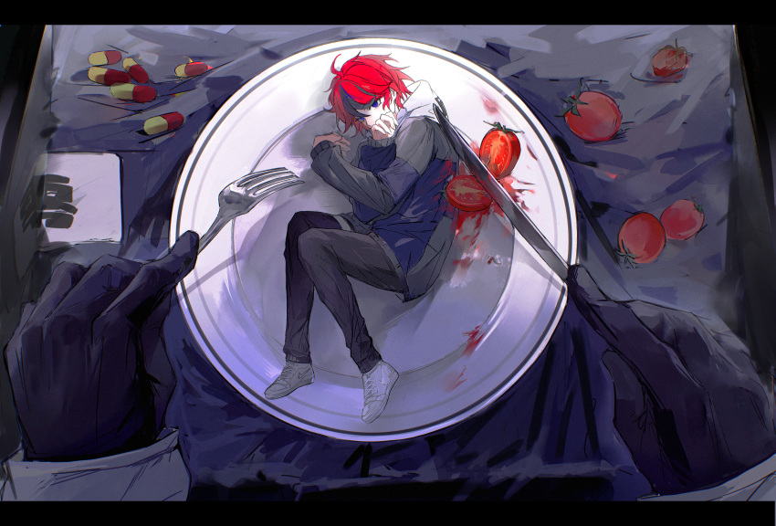 2boys, absurdres, ahoge, aotsuki_eito, black_gloves, black_pants, black_streaks, blue_eyes