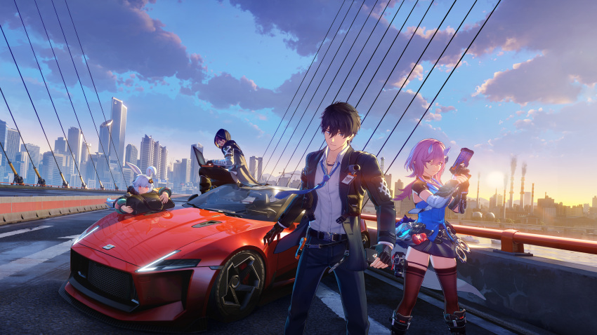 2boys, 2girls, ananta, animal_ears, bridge, car, city, detached_sleeves