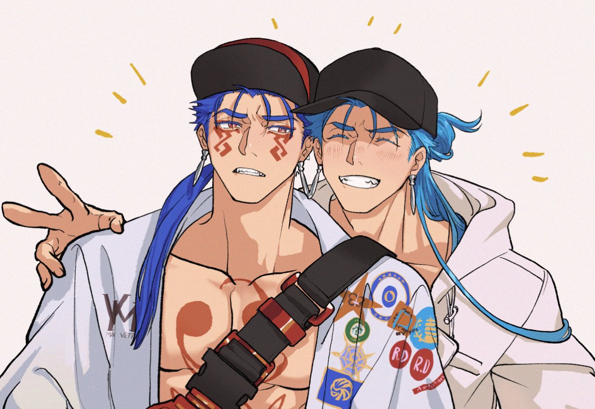 2boys, baseball_cap, black_hat, blue_hair, blush, closed_eyes, cu_chulainn_(caster)_(fate), cu_chulainn_(fate)