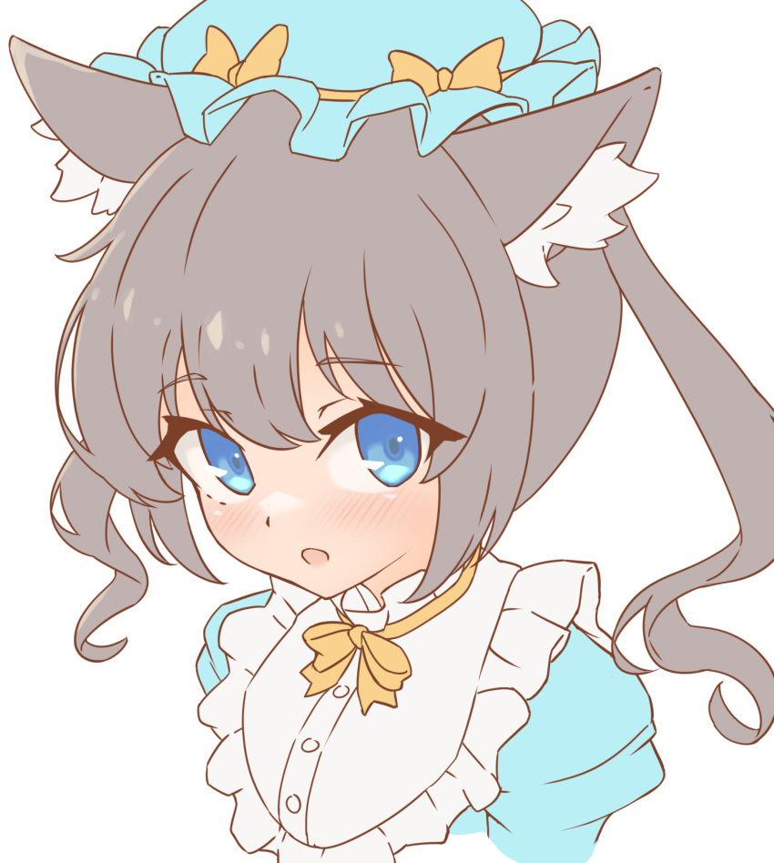 1girl, animal_ears, blue_dress, blue_eyes, blue_hat, capelet, cat_ears, cat_girl, cropped_shoulders, dress, emil_chronicle_online, frilled_capelet, frilled_hat, frills, grey_hair, hat, highres, looking_at_viewer, neck_ribbon, nekomata_sharu, open_mouth, ribbon, silver-index, solo, twintails, white_background, white_capelet, yellow_ribbon