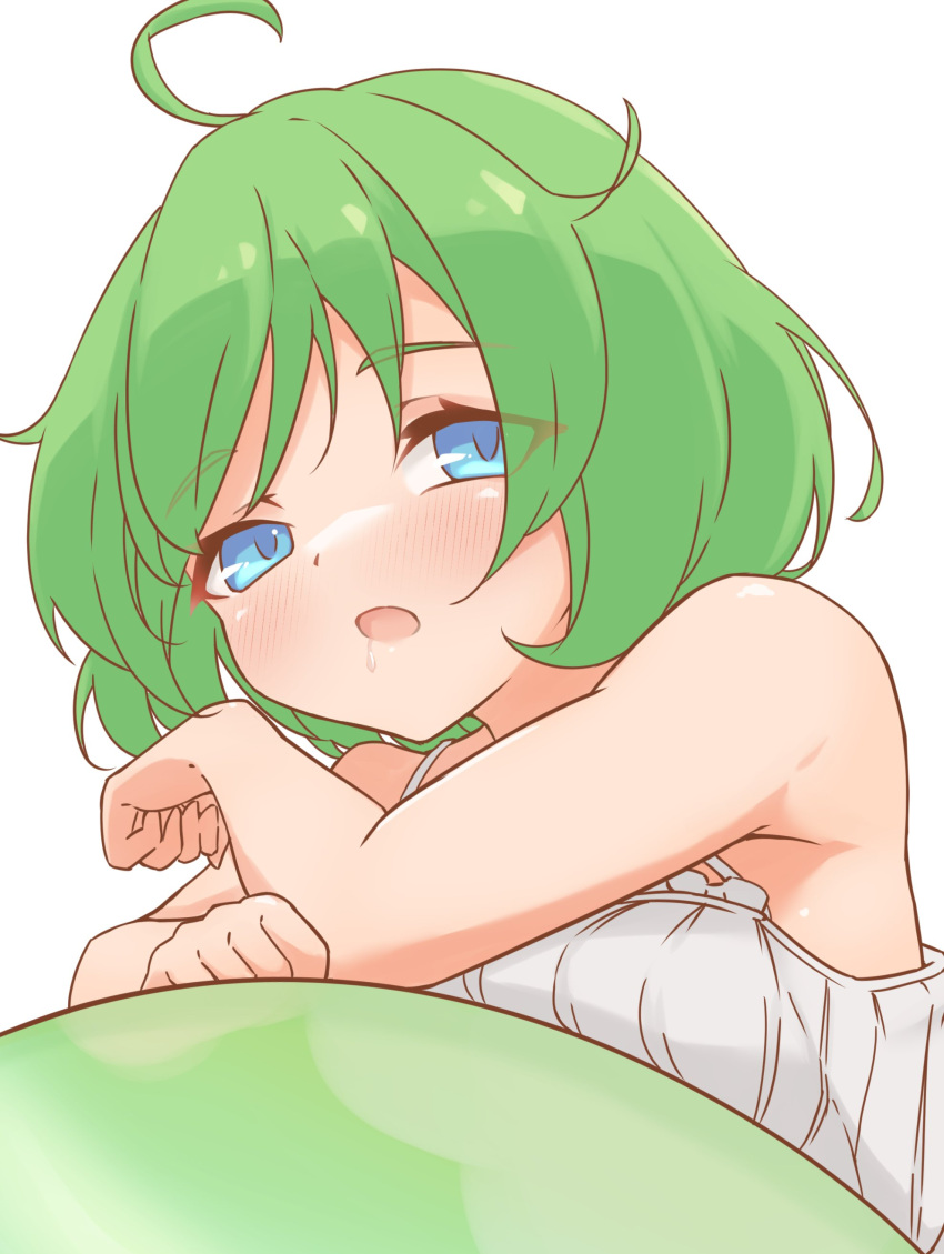1girl, absurdres, ahoge, blue_eyes, breast_press, breasts, drooling, emil_chronicle_online