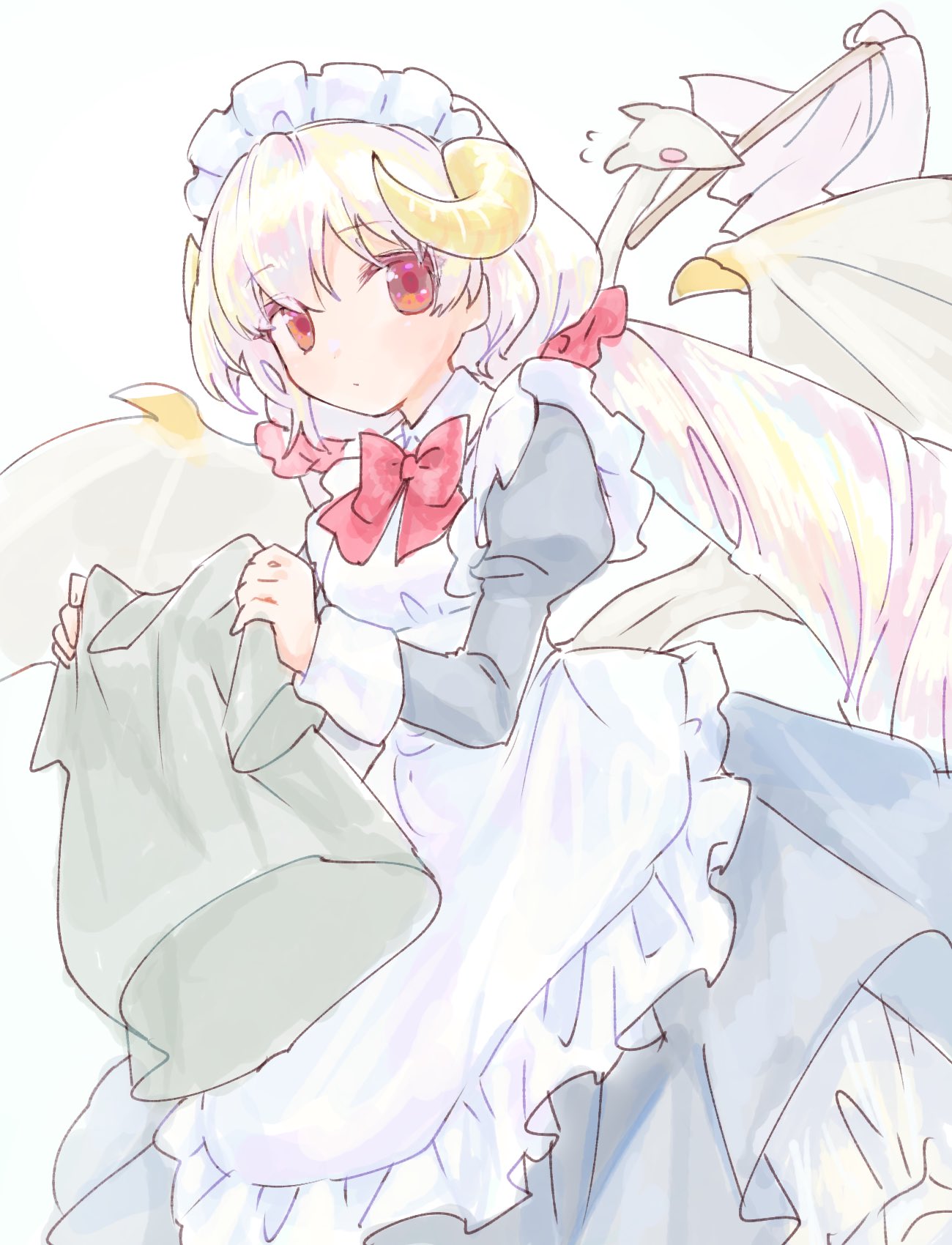 1girl, alternate_costume, apron, black_dress, bow, demon_horns, demon_wings, dress
