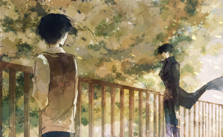 2boys, black_coat, black_hair, branch, breathing742105, brown_tunic, coat, facing_another, falling_leaves, highres, leaf, multiple_boys, oldest_dream, omniscient_reader's_viewpoint, open_clothes, open_coat, popped_collar, railing, shirt, short_hair, standing, tree, tunic, white_shirt, wind, wind_lift, wooden_railing, yoo_joonghyuk