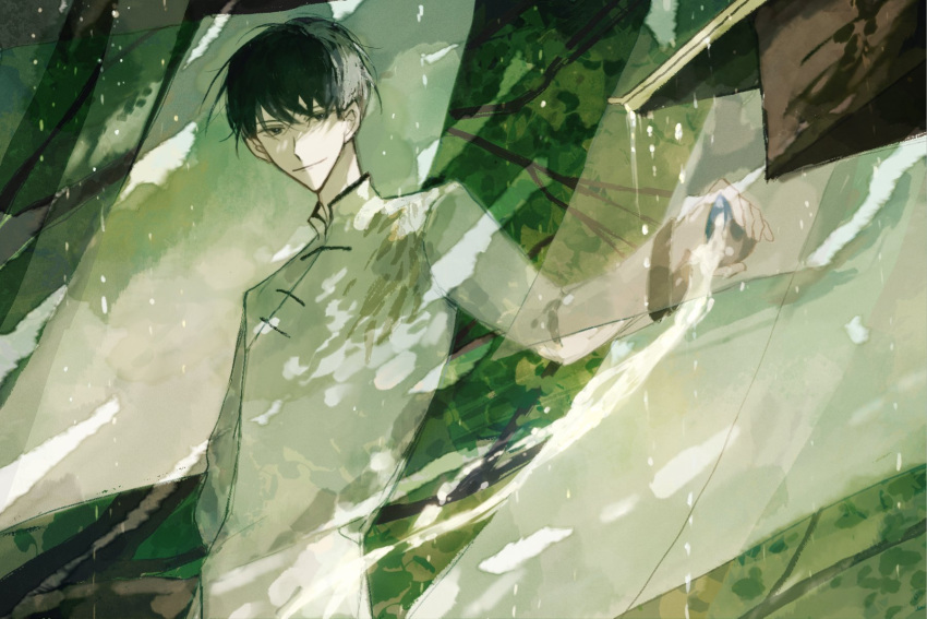 1boy, arm_behind_back, bag, black_hair, branch, breathing742105, curtains, dripping