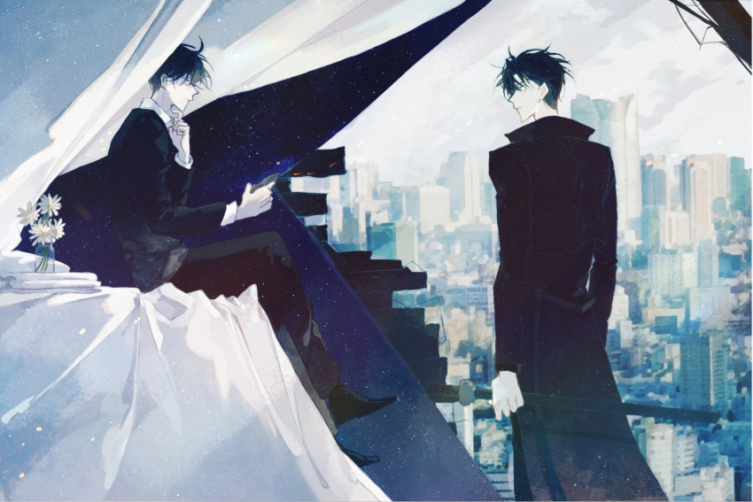 2boys, black_coat, black_hair, breathing742105, city, coat, collared_shirt, curtains