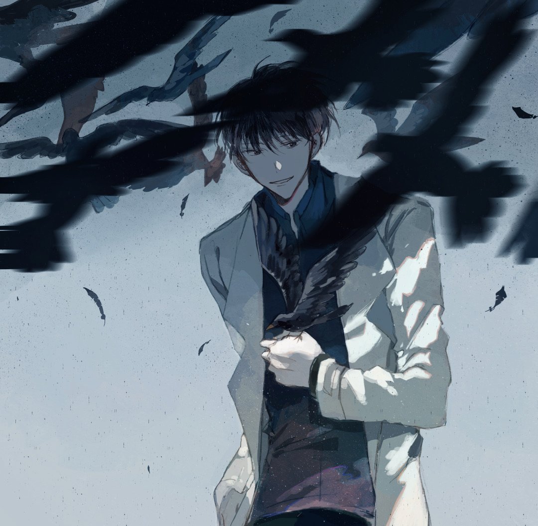 1boy, :d, bird, bird_on_hand, black_eyes, black_hair, black_shirt, breathing742105