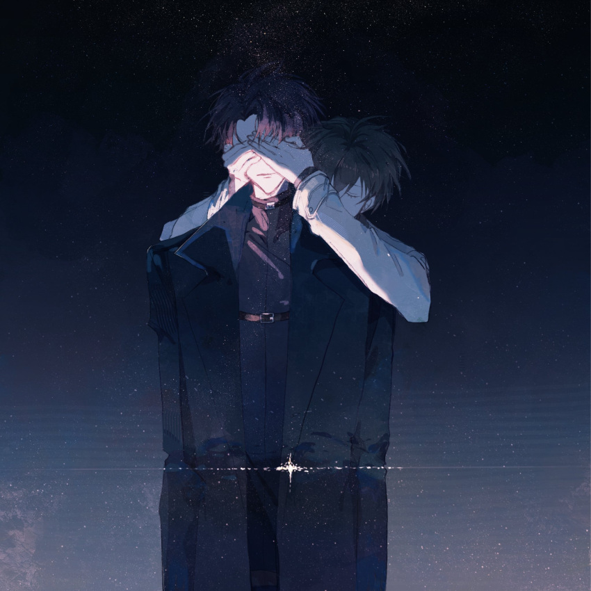 2boys, black_coat, black_hair, black_shirt, breathing742105, closed_eyes, coat, covering_another's_eyes