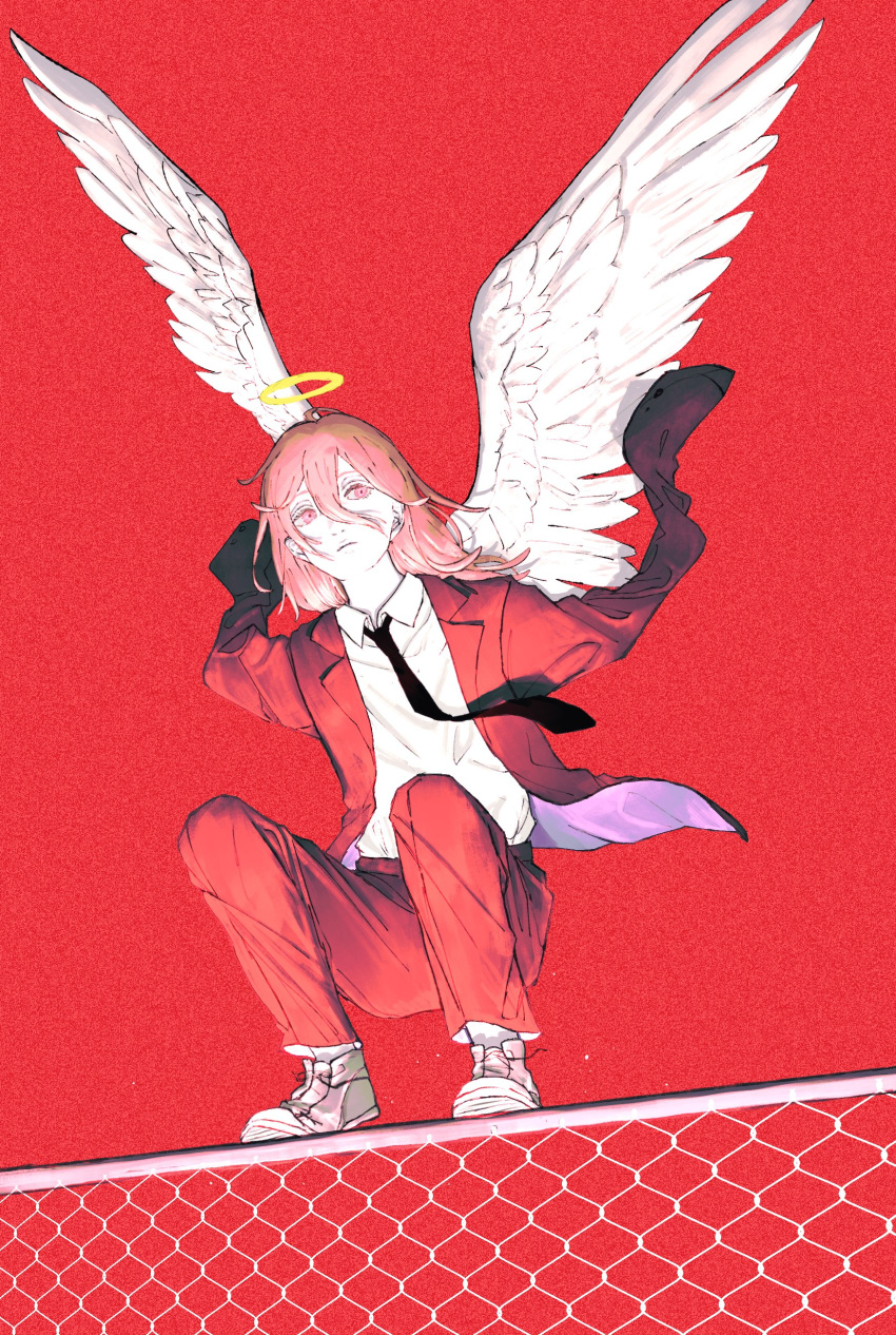 1boy, absurdres, angel, angel_devil_(chainsaw_man), angel_wings, black_necktie, black_suit, boots