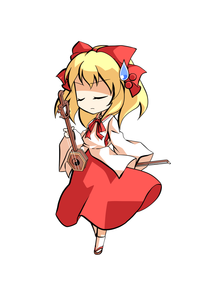 1girl, blonde_hair, bow, brown_sandals, chibi, chibi_only, commentary_request, dairi, erhu, full_body, hair_between_eyes, hair_bow, hair_ornament, holding, holding_instrument, instrument, large_variant_set, long_skirt, medium_hair, red_bow, red_ribbon, red_skirt, ribbon, sandals, satsuki_rin, skirt, solo, tabi, tachi-e, touhou, transparent_background, variant_set, wide_sleeves