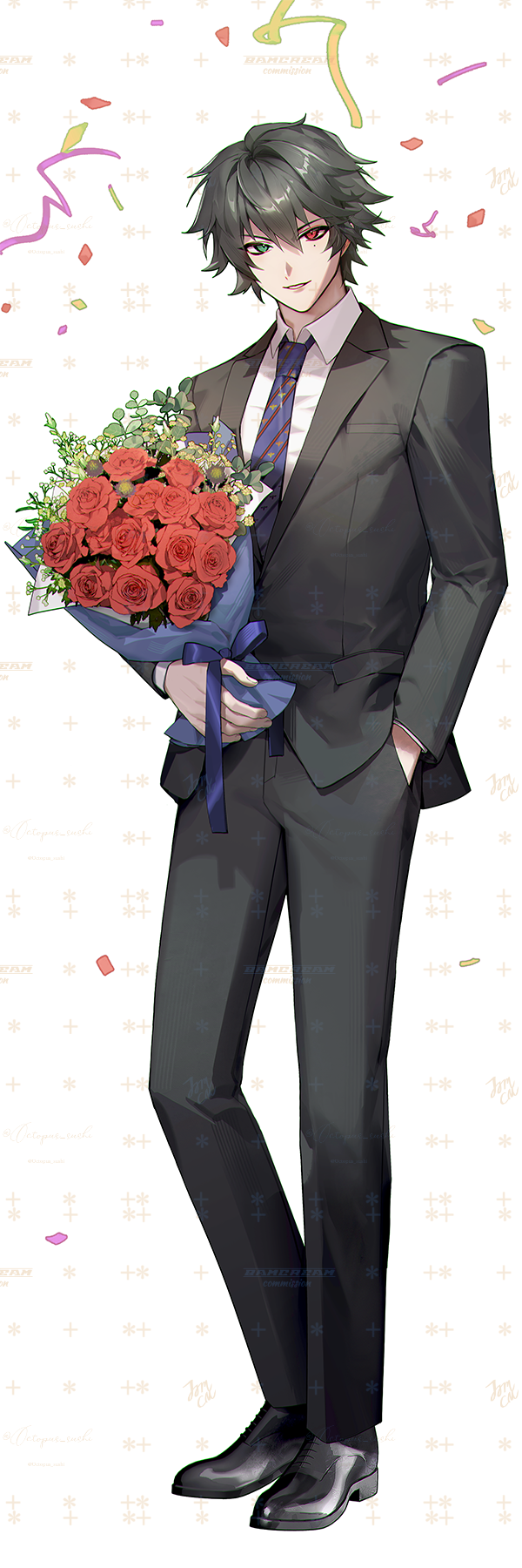 1boy, bamcream, black_hair, black_jacket, black_pants, black_shoes, blue_eyes, blue_necktie
