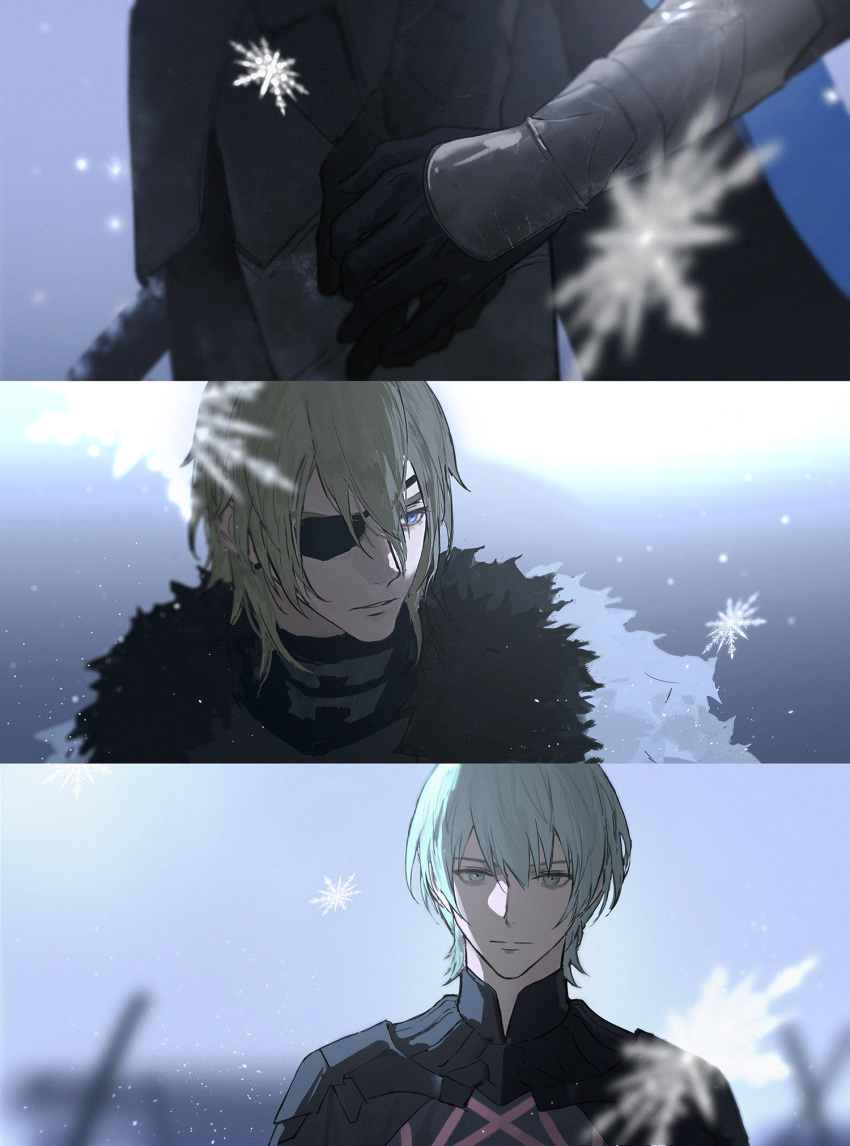 2boys, armor, black_armor, black_cape, black_fur, black_gloves, blonde_hair, blue_cape