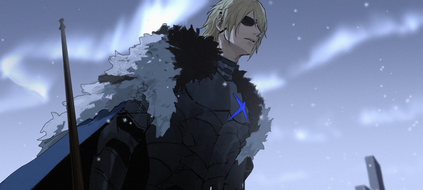 1boy, armor, aurora, black_armor, black_fur, blonde_hair, blue_cape, breastplate