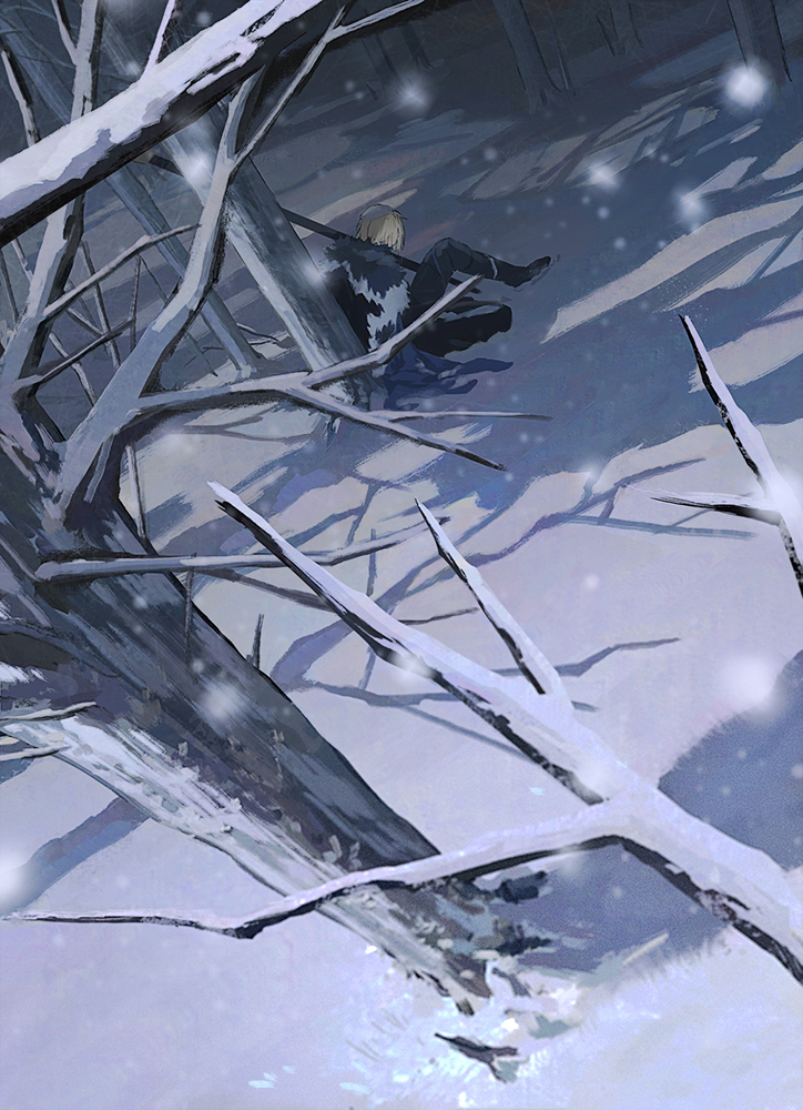1boy, against_tree, armor, black_armor, black_fur, blonde_hair, blue_cape, boots