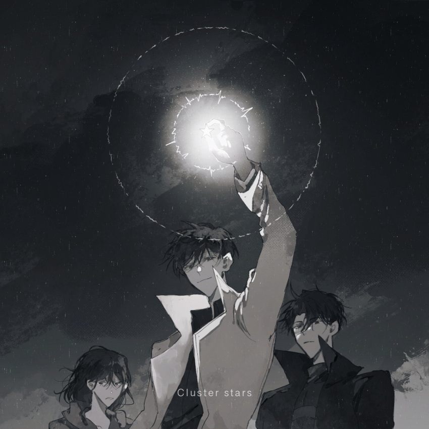 1girl, 2boys, arm_up, averting_eyes, black_coat, black_hair, bob_cut, breathing742105