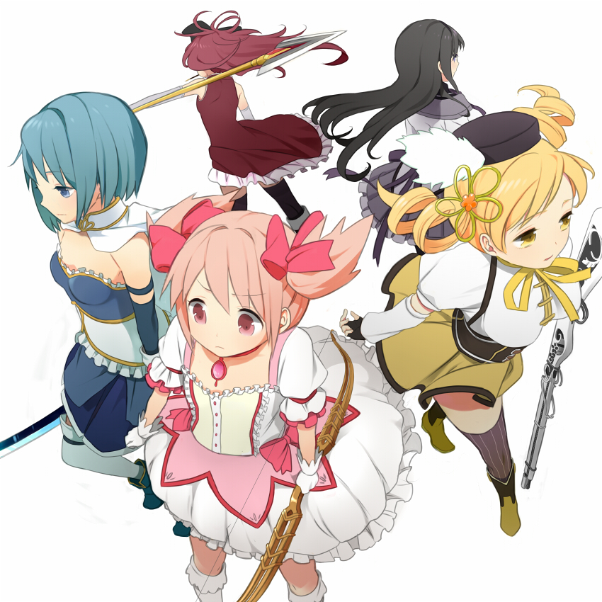 akemi_homura, beret, black_hair, blonde_hair, blue_eyes, blue_hair, boots, bow_(weapon)