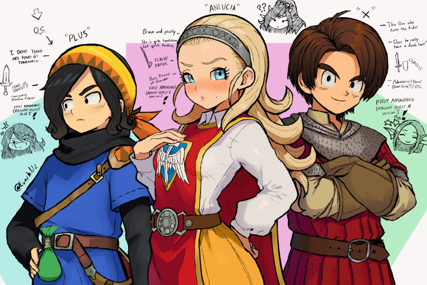 1girl, 2boys, ?, ??, anlucea, armor, belt, black_eyes, black_hair, black_shirt, blonde_hair, blouse, blue_eyes, blue_tunic, blush, brown_belt, brown_gloves, brown_hair, chainmail, character_name, commentary_request, crossed_arms, curly_hair, dragon_quest, dragon_quest_x, english_text, fins, gloves, hair_slicked_back, hairband, hand_on_own_hip, head_fins, headband, hero_(dq10), high_ponytail, long_hair, looking_at_viewer, luchenda_(dq10), lunchiblz, medium_hair, mole, mole_under_mouth, multiple_boys, orange_skirt, original, ponytail, red_tabard, red_tunic, shirt, short_hair, side_part, silver_hairband, simple_background, skirt, tabard, tunic, upper_body, weddie_(dq10), white_shirt, yellow_headband