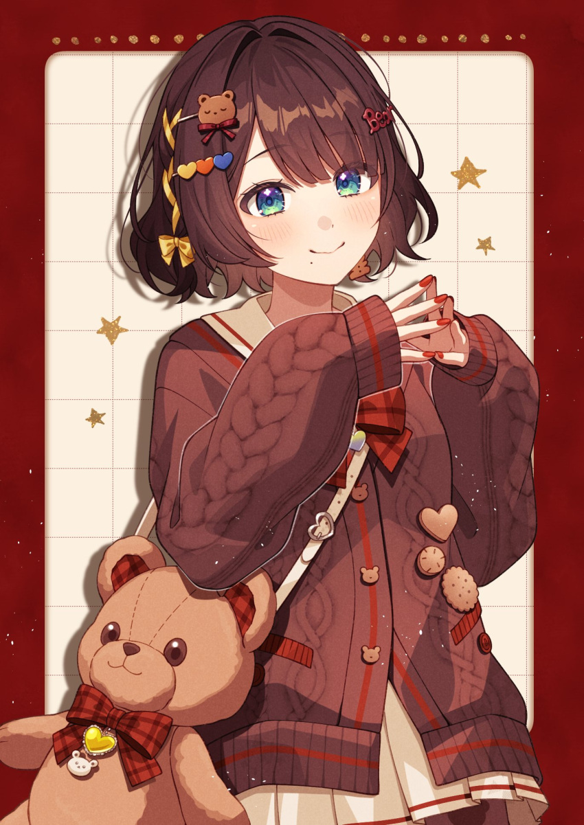 1girl, aqua_eyes, bag, blush, brown_hair, brown_sweater, closed_mouth, commentary, hair_between_eyes, hair_ornament, hair_ribbon, heart, heart_hair_ornament, highres, long_sleeves, medium_hair, nijisanji, pochimaru_(marumaru_wanwan), red_nails, ribbon, shiga_riko, shoulder_bag, simple_background, skirt, smile, solo, stuffed_animal, stuffed_toy, sweater, teddy_bear, virtual_youtuber, white_skirt, yellow_ribbon