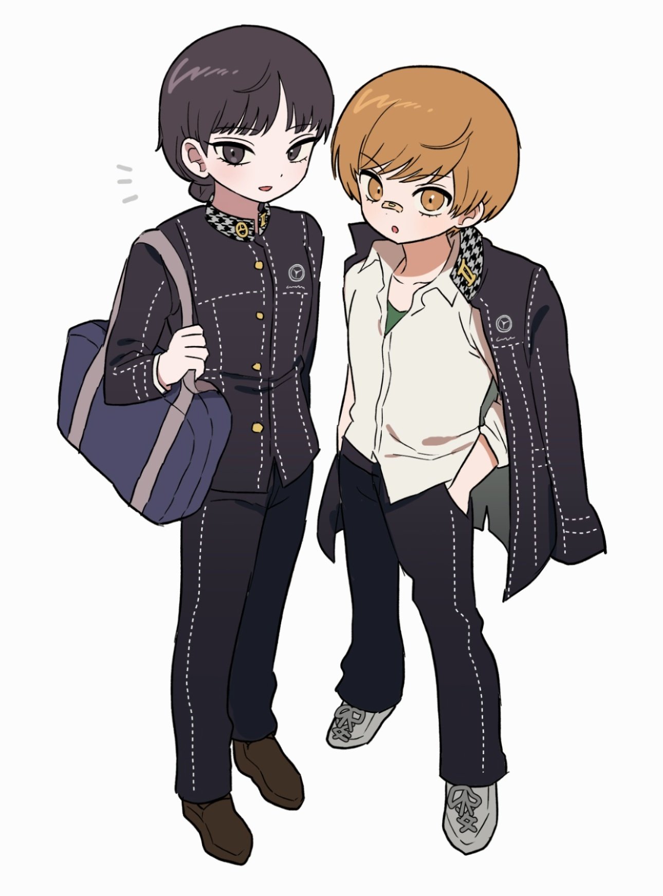 2girls, :o, alternate_costume, alternate_hairstyle, amagi_yukiko, arm_at_side, bag, bandaid