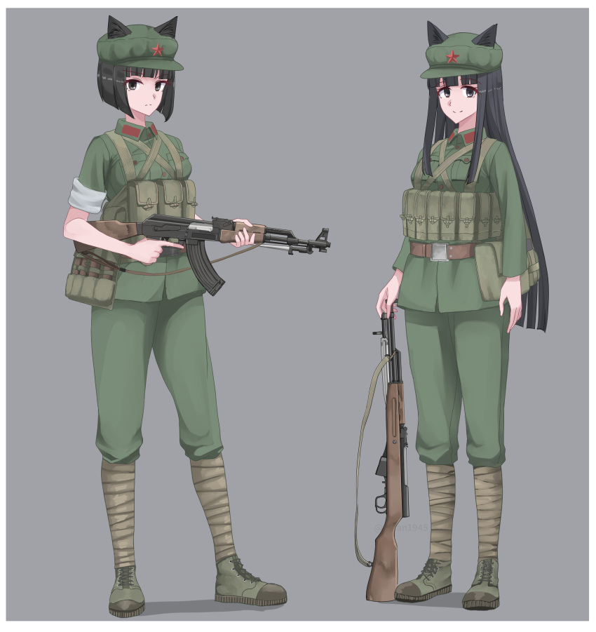 2girls, absurdres, ammunition_pouch, animal_ears, assault_rifle, belt, black_eyes, black_hair