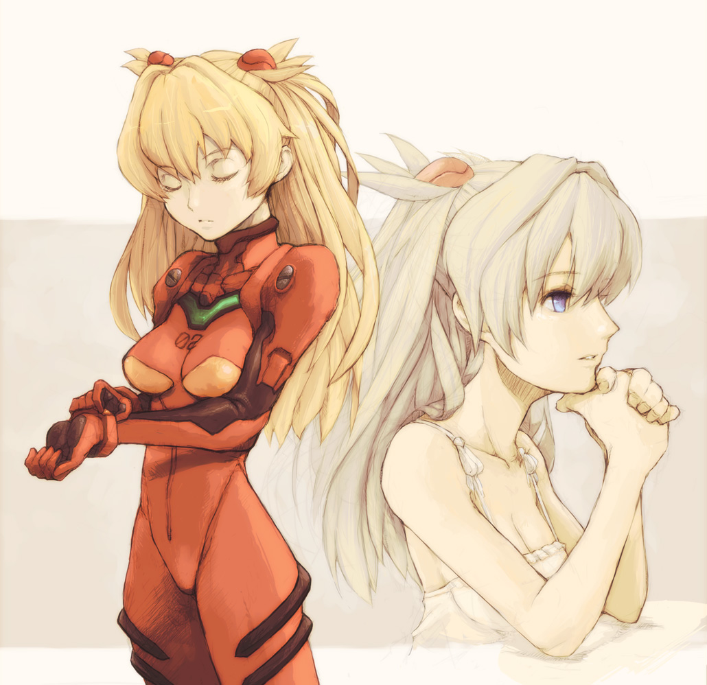 bodysuit, closed_eyes, eyes_closed, hair_ornament, long_hair, neon_genesis_evangelion, orange_hair, plugsuit