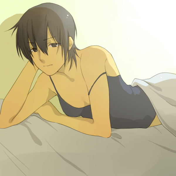 camisole, lying, reverse_trap, shiroi_ten, short_hair, strap_slip, tomboy, torako_(yotsubato!)