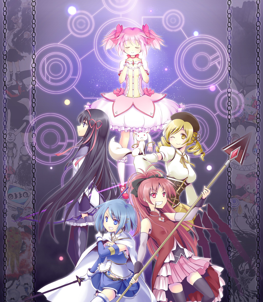 akemi_homura, beret, boots, brown_legwear, detached_sleeves, drill_hair, everyone, fingerless_gloves, gloves, gun, hair_ornament, hairpin, hat, kaname_madoka, kyubey, light_particles, magic_circle, magical_girl, mahou_shoujo_madoka_magica, miki_sayaka, multiple_girls, pleated_skirt, polearm, puffy_sleeves, ribbon, rifle, sakura_kyouko, shoes, skirt, spear, sword, takana_(srplus), thigh-highs, thighhighs, tomoe_mami, twin_drills, vertical-striped_legwear, vertical_stripes, weapon, wink, zettai_ryouiki