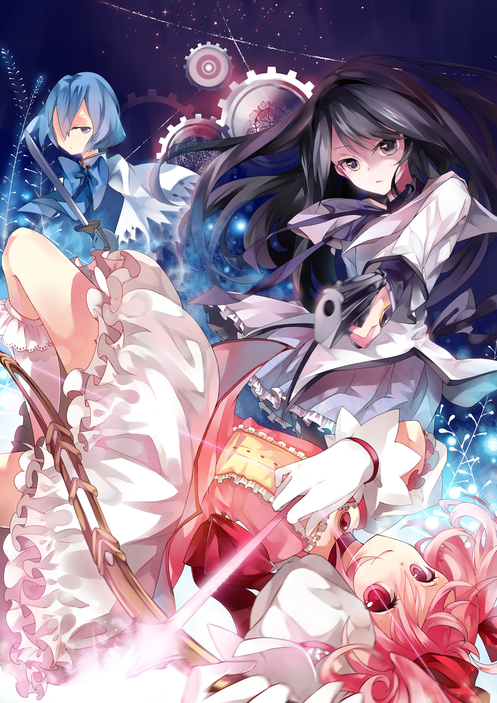 akemi_homura, black_eyes, black_hair, blue_eyes, blue_hair, bow_(weapon), gears, gun