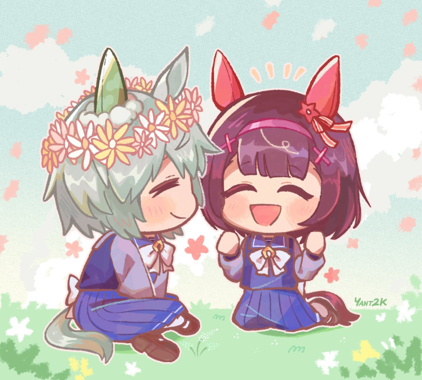 2girls, animal_ears, blunt_bangs, blush, bow, brown_hair, closed_eyes, closed_mouth