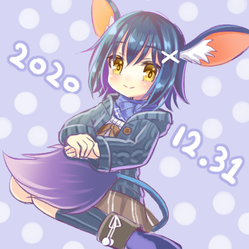 1girl, animal_ears, black_hair, black_jacket, blue_boots, blue_scarf, blue_socks, boots, brown_ribbon, brown_skirt, dated, emil_chronicle_online, hair_ornament, hairclip, jacket, lowres, mouse_ears, mouse_girl, mouse_tail, official_alternate_costume, polka_dot, polka_dot_background, purple_background, ribbon, ruki_aiuchi, sandrat_alma, scarf, shirt, sitting, skirt, socks, solo, tail, wariza, white_shirt, yellow_eyes