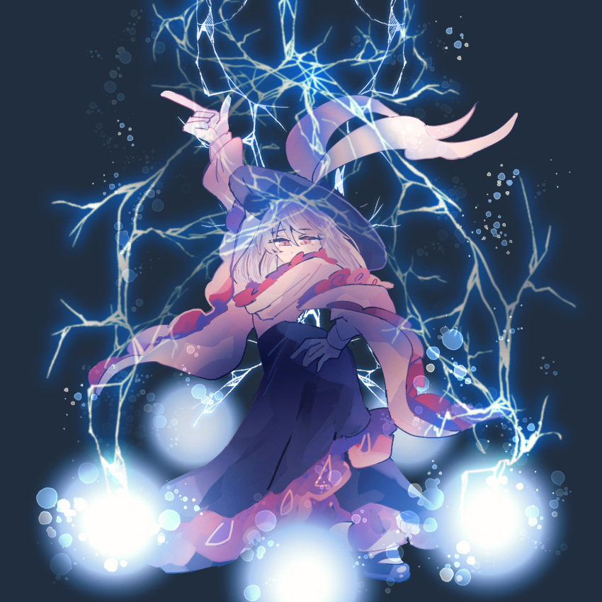 1girl, black_background, black_hat, black_skirt, commentary_request, electricity, frilled_shawl, frills