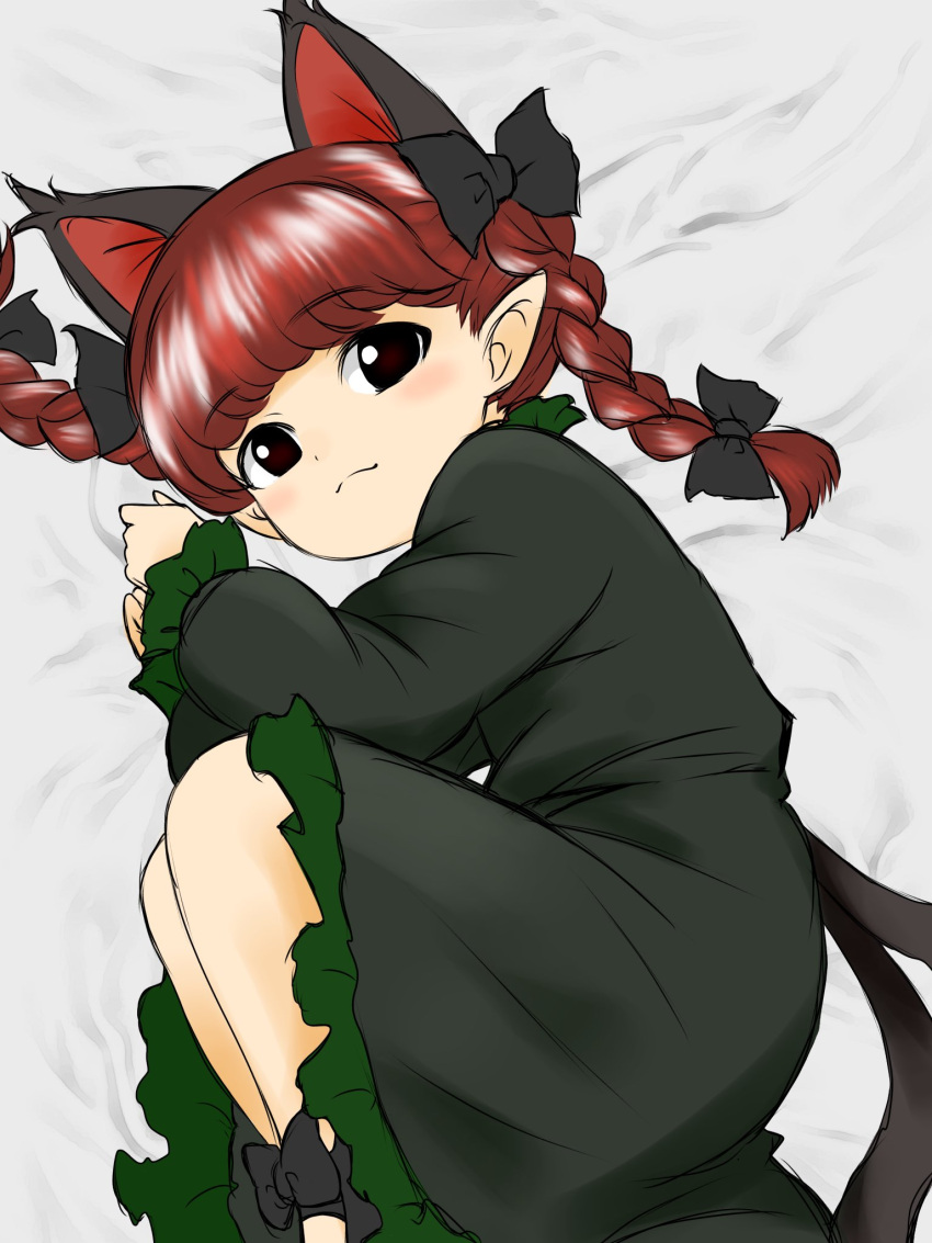 1girl, animal_ears, black_bow, black_dress, bow, braid, cat_ears, cat_girl