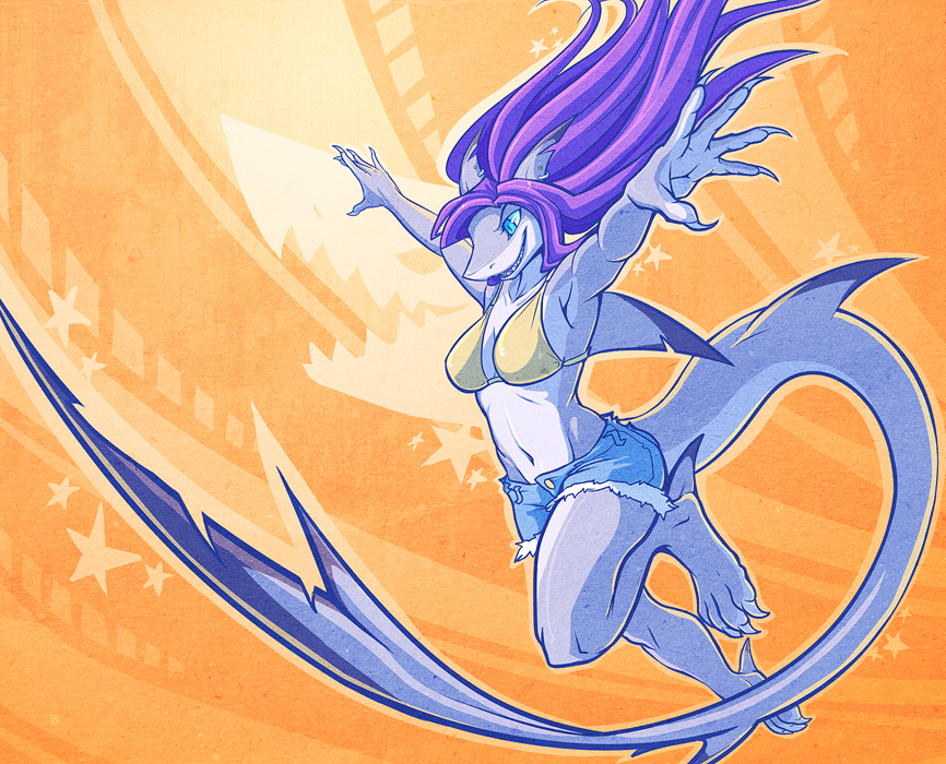 bikini_top, blue_eyes, claws, color, countershading, female, hair, long_hair, marine, meyham, piercing, purple_hair, rei, shark, shark_attack, short_shorts, smile, solo, squeedgemonster, star, tail, teeth
