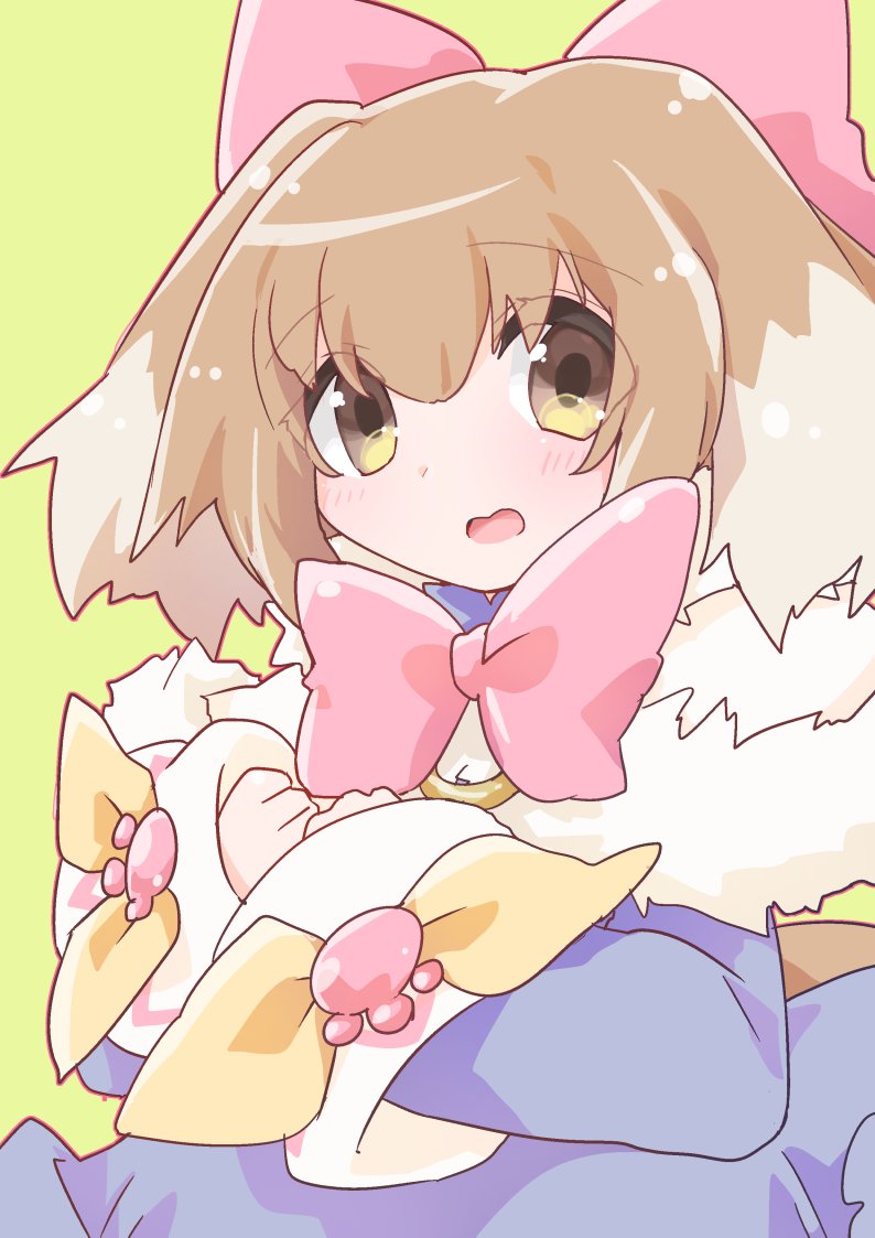 1girl, animal_ears, blue_capelet, blue_dress, bow_alma, brown_eyes, brown_hair, capelet
