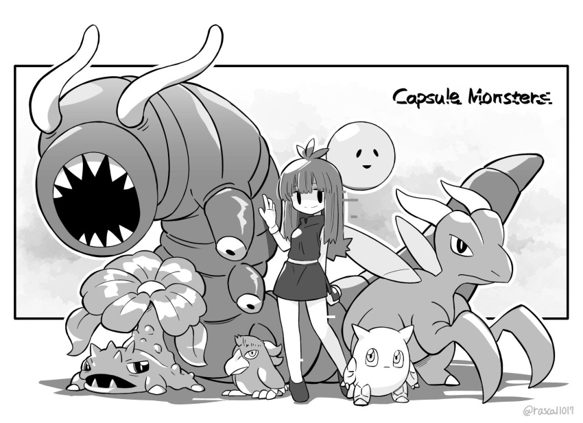 1girl, animal, balloonda_(pokemon), belt, beta_pokemon, bird, breasts, capsule_monsters, clefairy_(prototype), closed_mouth, commentary_request, copyright_name, creature, creatures_(company), dress, game_freak, gloves, green_(pokemon), greyscale, group_picture, gyarados_(prototype), hand_on_animal, hand_up, highres, holding, holding_poke_ball, ivysaur_(prototype), long_hair, monochrome, monster, nintendo, poke_ball, pokemon, pokemon_(creature), pokemon_rgby_(prototype), pokemon_rgby_beta, prototype_design, rascal_(feuille), scyther_(prototype), shoes, short_dress, sleeveless, sleeveless_dress, small_breasts, smile, solid_oval_eyes, spearow_(prototype), split_mouth, standing, triple_ahoge, twitter_username