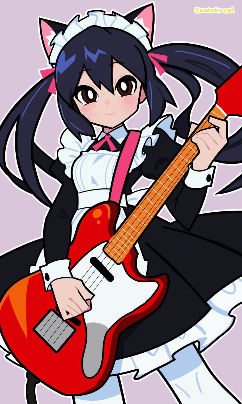 1girl, :3, absurdres, alternate_costume, animal_ears, apron, black_dress, black_hair, blush, bright_pupils, brown_eyes, cat_ears, cross_tie, dress, electric_guitar, enmaided, fake_animal_ears, fender_mustang, frilled_dress, frills, guitar, hair_between_eyes, hair_ornament, hair_ribbon, highres, holding, holding_instrument, instrument, juliet_sleeves, k-on!, long_hair, long_sleeves, looking_at_viewer, maid, maid_apron, maid_headdress, nakano_azusa, pantyhose, pink_ribbon, puffy_sleeves, purple_background, ribbon, satokocel, simple_background, solo, twintails, twitter_username, white_apron, white_pantyhose, white_pupils, white_wrist_cuffs, wrist_cuffs