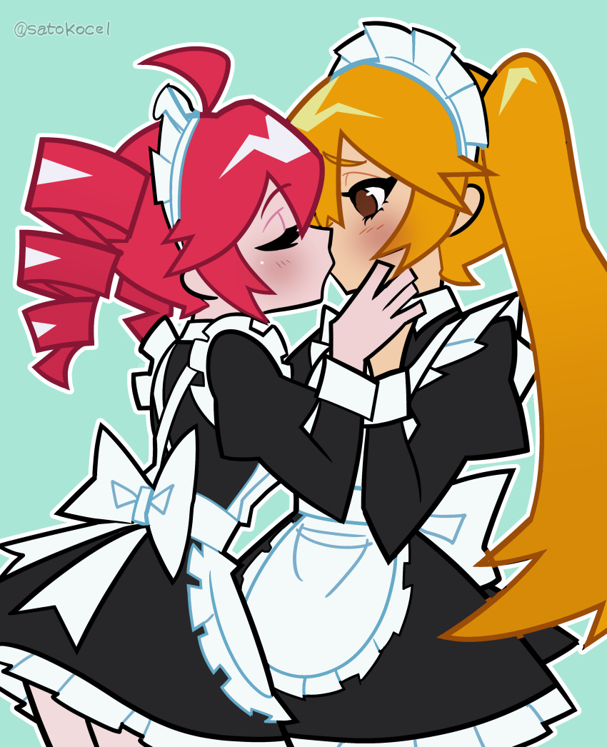 2girls, absurdres, ahoge, akita_neru, alternate_costume, apron, back_bow, black_dress, blonde_hair, blue_background, blush, bow, brown_eyes, closed_eyes, dress, drill_hair, english_commentary, enmaided, frilled_dress, frills, hair_between_eyes, highres, juliet_sleeves, kasane_teto, long_hair, long_sleeves, looking_at_another, maid, maid_apron, maid_headdress, multiple_girls, puffy_sleeves, red_hair, satokocel, side_ponytail, simple_background, twin_drills, twintails, twitter_username, utau, very_long_hair, vocaloid, white_apron, yuri