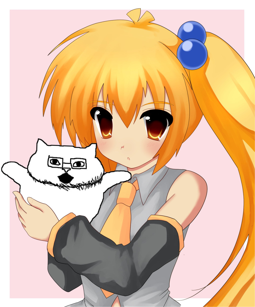 1girl, 2000s_(style), akita_neru, animal, antenna_hair, bare_shoulders, blonde_hair, blush