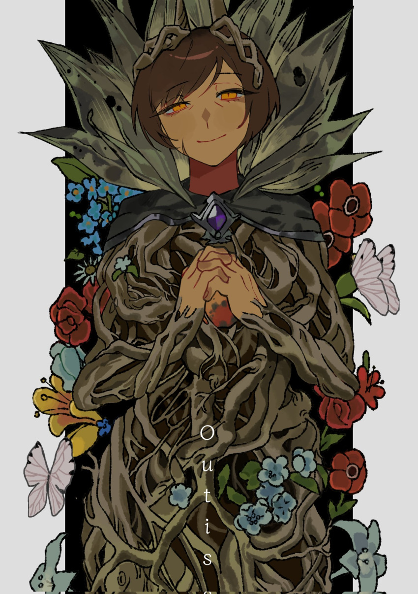 1girl, black_background, black_cape, blue_flower, border, brown_eyes, brown_hair, bug