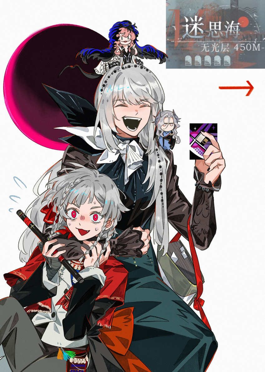4girls, :d, ^_^, absurdres, arm_around_neck, arrow_(symbol), black_coat, black_shirt