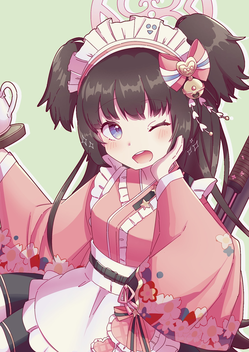 1girl, apron, bell, belt, black_belt, blue_archive, blush, bow