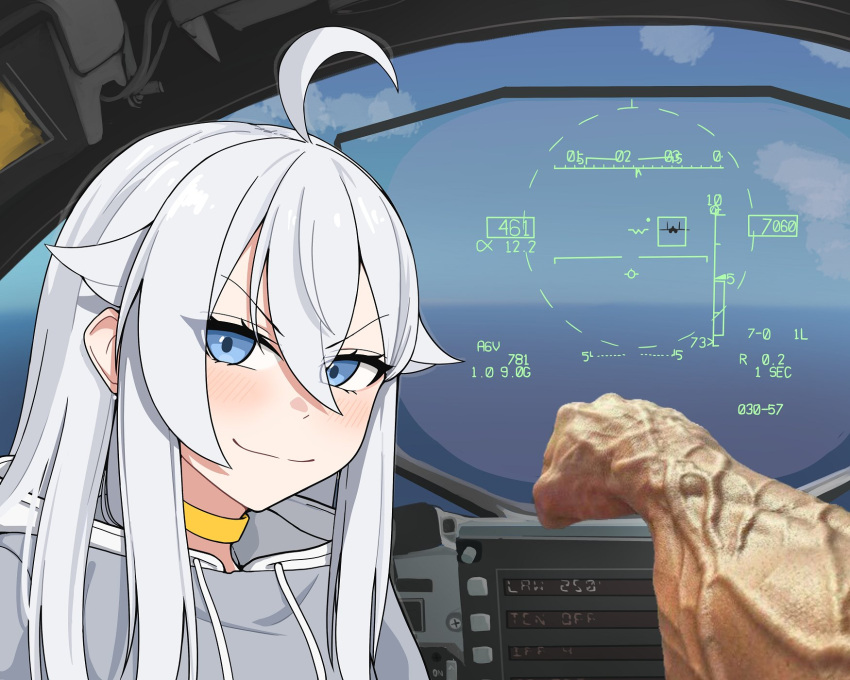 1girl, ahoge, aim-120_amraam_(atamonica), aircraft, airplane, asgore_running_over_dess_(meme), atamonica, blue_eyes