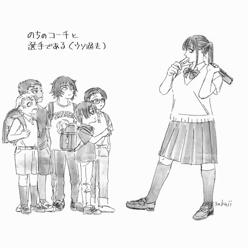 1girl, 5boys, :o, agawa_sensei_(strikeout_pitch), age_difference, aged_down, alternate_hairstyle, backpack