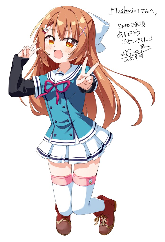 1girl, :d, blue_shirt, blush, boots, brown_boots, brown_hair, buttons