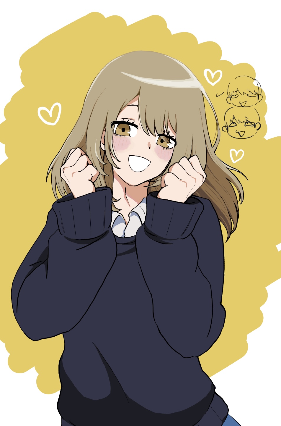 1boy, :d, black_sweater, blush, brown_eyes, brown_hair, chibi, chibi_inset