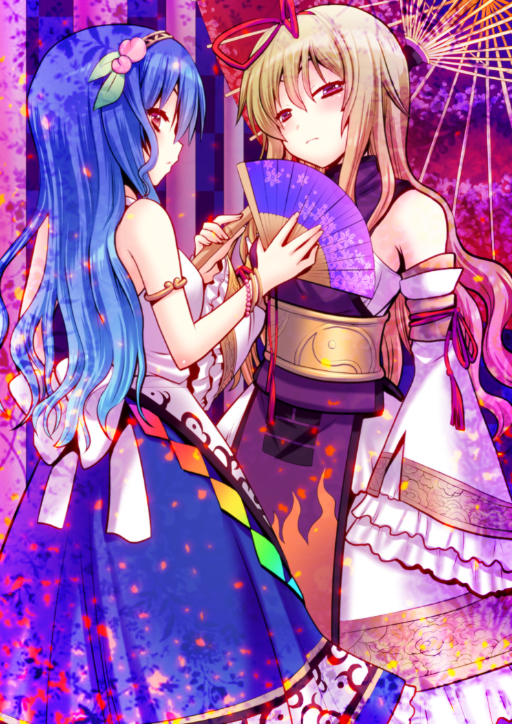 adapted_costume, bare_shoulders, blonde_hair, blue_hair, bracelet, detached_sleeves, embellished_costume, fan