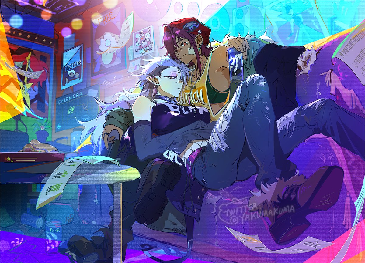 2girls, amity_blight, beanie, bra, brown_hair, can, clothes_writing, couch