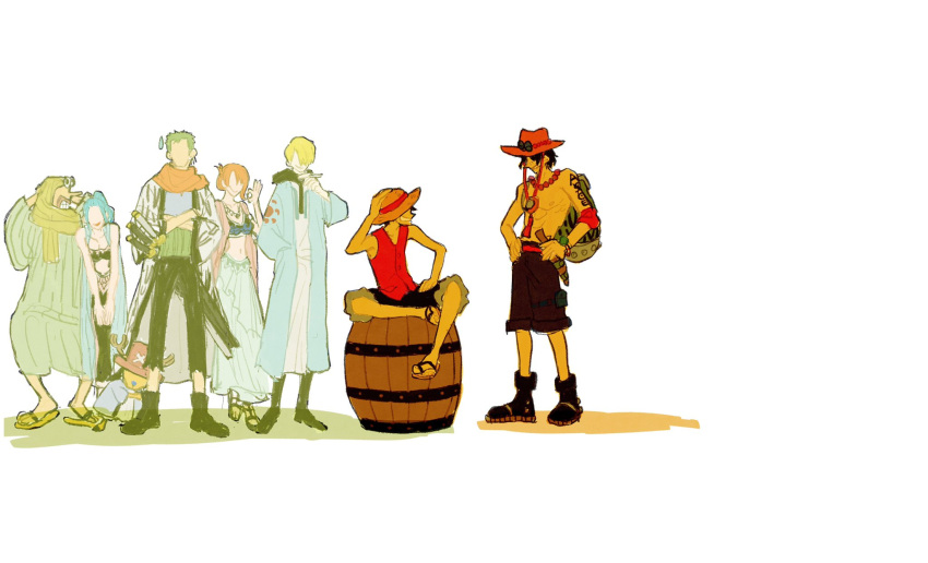 2girls, 6+boys, antlers, arm_tattoo, barrel, black_shorts, blonde_hair, blue_hair