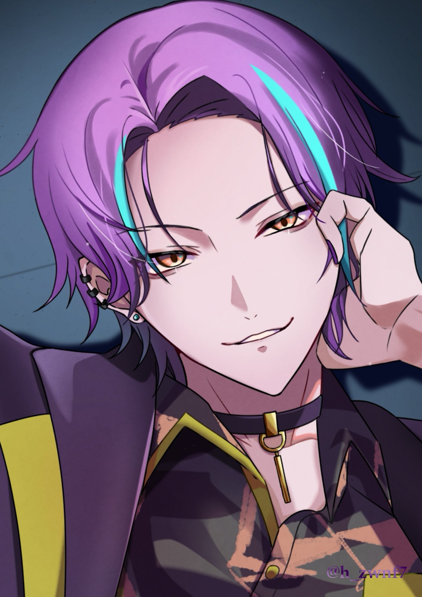 1boy, blue_hair, choker, collared_shirt, deep_dark_for_light_(project_sekai), ear_piercing, earrings, fingernails, hand_up, highres, jewelry, kamishiro_rui, looking_at_viewer, male_focus, multicolored_hair, nail_polish, nia_(9h_zwnf7), official_alternate_costume, official_alternate_hairstyle, parted_lips, piercing, project_sekai, purple_hair, purple_nails, shirt, smile, solo, streaked_hair, stud_earrings, twitter_username, two-tone_hair