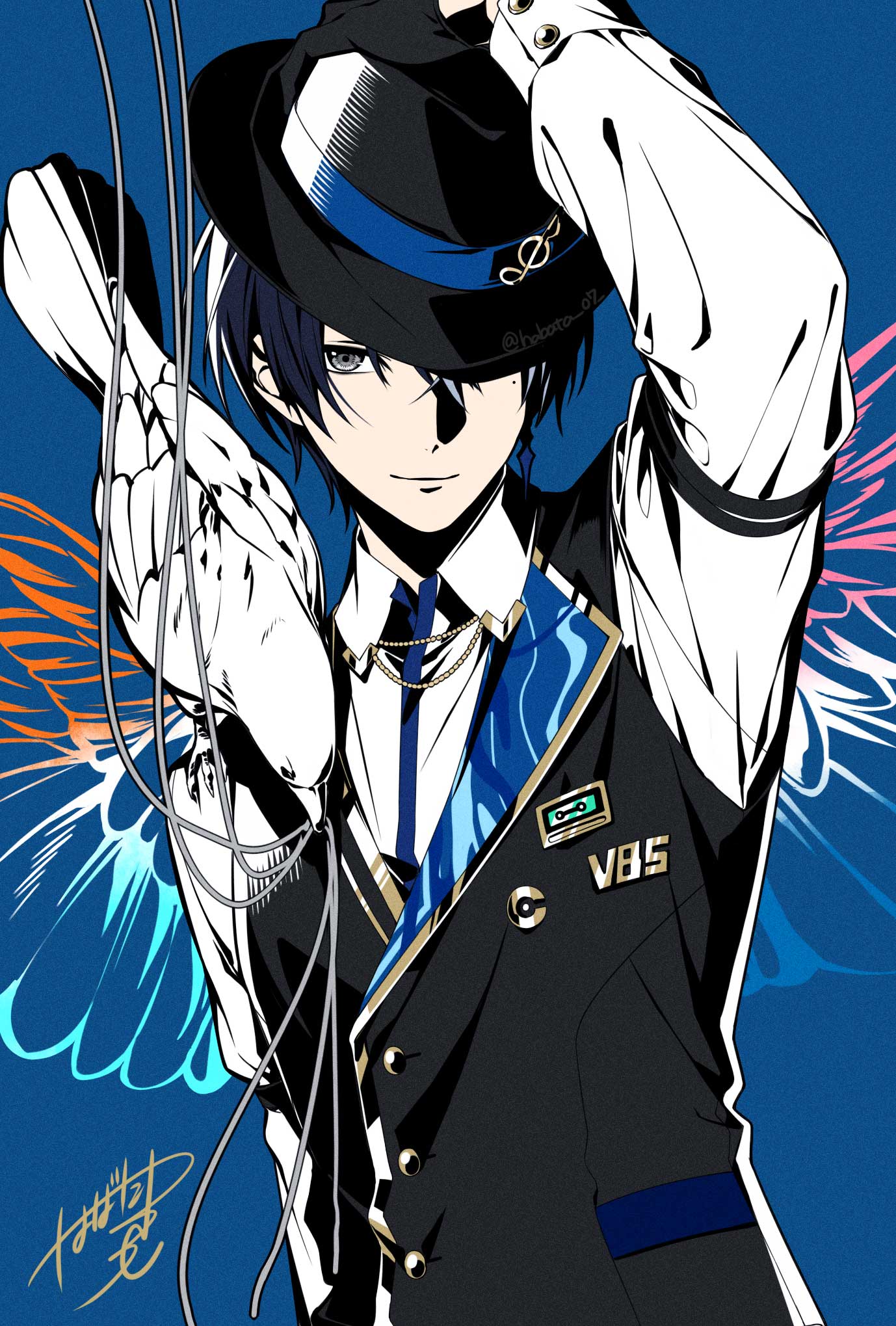 1boy, animal_on_shoulder, aoyagi_touya, arm_up, bird, black_eyes, black_gloves, black_hat