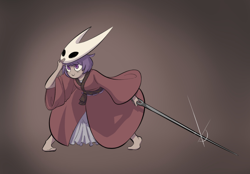 1girl, azanny, brown_background, character_mask, closed_mouth, commentary, glint, hashtag-only_commentary